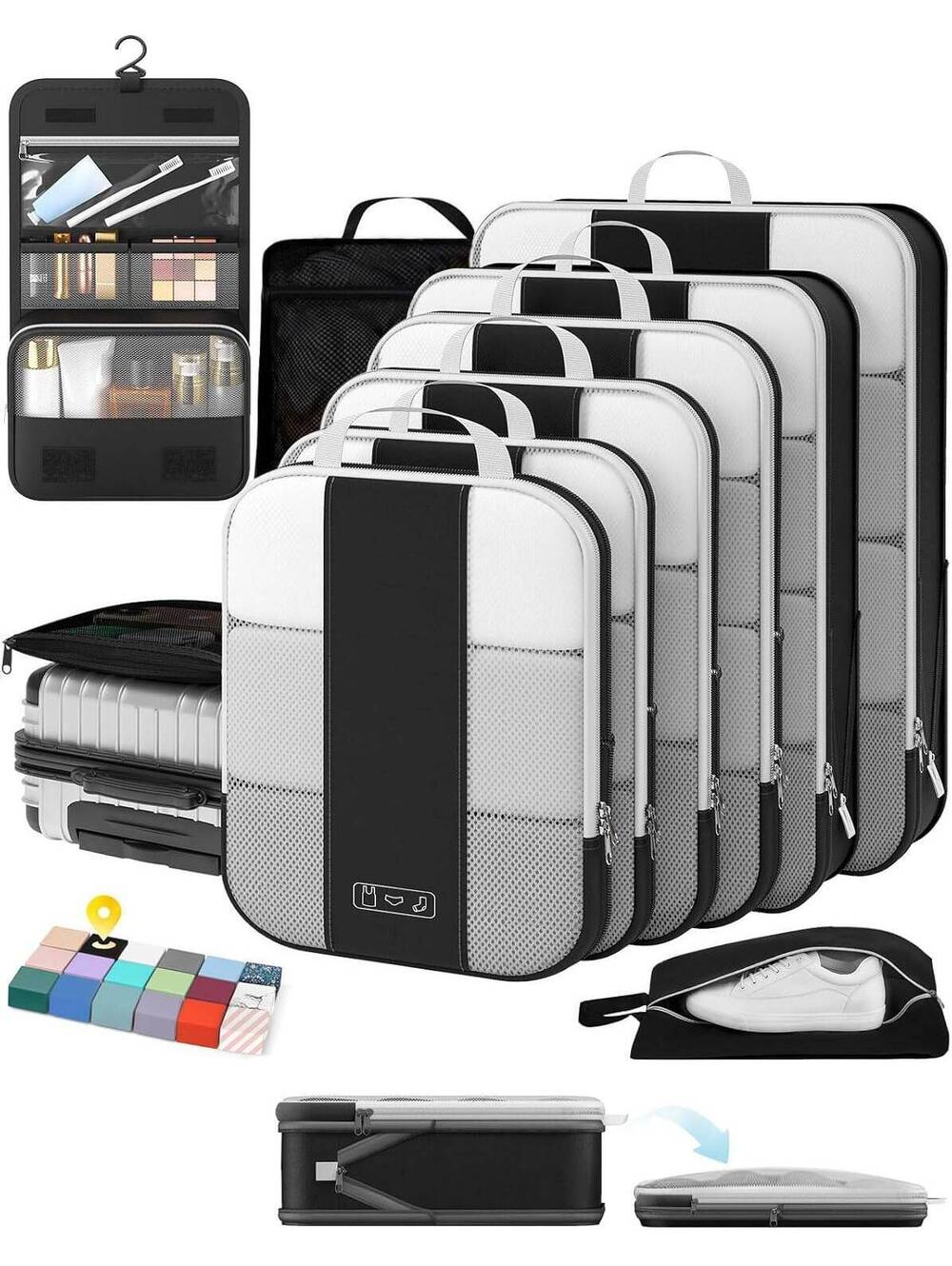 10-Piece Compression Packing Cubes Set - Travel Organizer Bags, Black